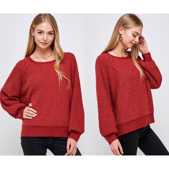 M/L Brick Red Chunky Sweater with Bubble Sleeves - Picture 1 of 5
